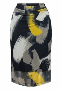 Jupe crayon noire avec des motifs abstraits de coups de pinceau en jaune, blanc et gris, présentant une silhouette ajustée et une longueur au genou.