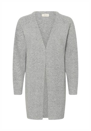 Hellgraue Strickjacke mit lockerem Schnitt, langen Ärmeln und offenem Vorderteil. Das strukturierte Strickgewebe zeigt ein dezentes Muster für zusätzliche Details.