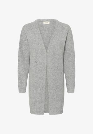 Lys grå cardigan med løs pasform, lange ærmer og åben front. Strikket stof med tekstur har et diskret mønster for ekstra detalje.