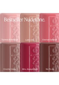 Sechs Essie Nagellackflaschen in verschiedenen Nude-Tönen mit den Bezeichnungen Topless & Barefoot, Lady Like, Eternal Optimist, Crochet Away, Mrs. Always Right und No To-do.