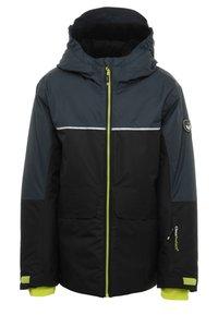 Giacca invernale nera e grigia con cappuccio, caratterizzata da una zip verde fluorescente, striscia riflettente e due tasche frontali. Tessuto testurizzato con logo.