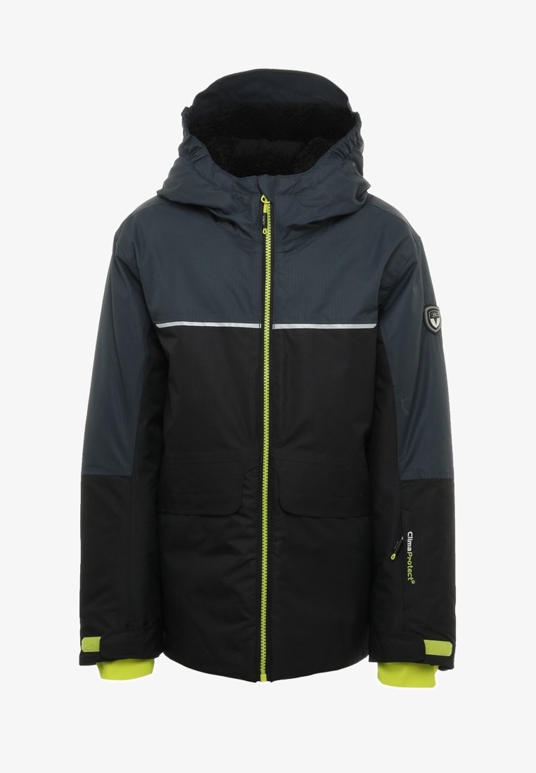 Giacca invernale nera e grigia con cappuccio, caratterizzata da una zip verde fluorescente, striscia riflettente e due tasche frontali. Tessuto testurizzato con logo.