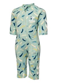 Kortärmad, mintgrön baddräkt med abstrakt penseldragmönster i blått, gult och vitt. Har en dragkedja fram och logotyp.