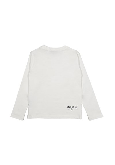 Camicia bianca a maniche lunghe realizzata in tessuto morbido, con collo a giro e una piccola scritta "BORN IN ENGLAND" nella parte bassa della schiena.