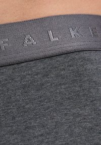 Fascia elastica grigia con testo "FALKE"; tessuto testurizzato in una tonalità di grigio più scura. Vista ravvicinata di un lavoro a maglia uniforme e liscia.