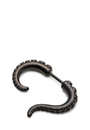 Ohrringe in Form eines Oktopusarms in mattem Schwarz. Mit strukturierten Saugnäpfen und einem geschwungenen Design. Metallkonstruktion mit einem minimalistischen, einzigartigen Aussehen.