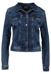 Jeansjacka, mörkblå, knäppning med knappar, två bröstfickor, långa ärmar, klassisk krage, något kortare design, texturerad tyg.