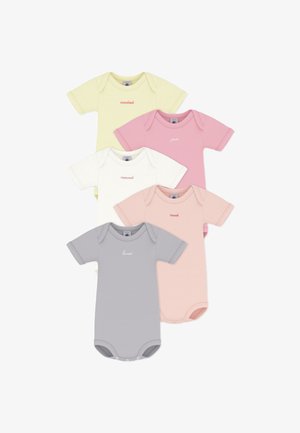 Penki trumpomis rankovėmis bodžiukai pastelinėmis spalvomis: geltona, balta, šviesiai rožinė ir pilka. Kiekviename yra paprastas siuvinėtas savaitės dienos užrašas.