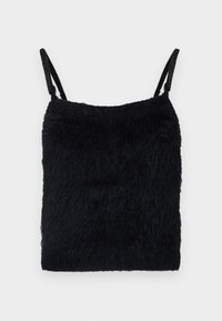 Cropped top in maglia nera e pelosa con sottili spalline regolabili su uno sfondo bianco semplice.