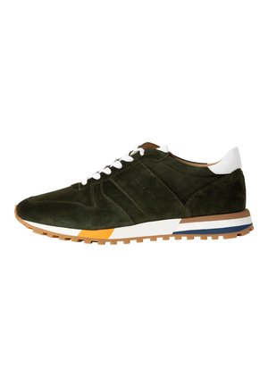 Olive green suede sneaker featuring white heel detail, textured upper, contrasting orange and blue accents on sole, and white laces.