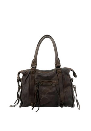 Sac à main en cuir marron foncé avec deux anses, poche avant zippée avec pompon, et détails de boucle latéraux.
