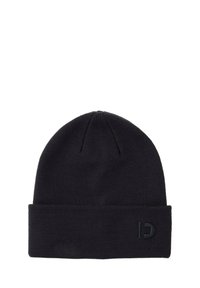 Zwarte gebreide beanie met een opgevouwen omslag en een klein, reliëflogo aan de zijkant. Het materiaal heeft een zachte, gladde textuur.