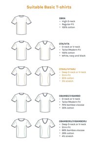 Basis T-shirt ontwerpen met verschillende halslijnen (ronde hals, V-hals) en pasvormen (regular, slim). Materialen omvatten 100% katoen en bamboe viscose mengsels.