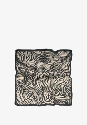 Tørklæde med zebra-mønster, der har en glat tekstur med skiftevis sorte og cremede striber, omgivet af en mørk kant.