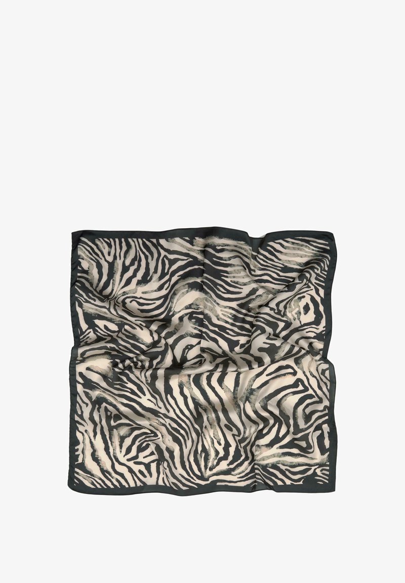Šál so zebrovým vzorom vyrobený z hladkej tkaniny, s prekladanými čiernymi a krémovými pruhmi, obklopený tmavým lemom.