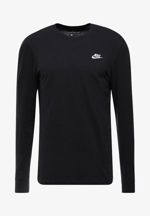 T-shirt Nike noir à manches longues avec col rond et petit logo blanc Nike sur la poitrine gauche.