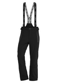 Pantalones de esquí negros con tirantes ajustables, bolsillos con cremallera y un diseño ajustado. Fabricados con material duradero y elástico, con una textura suave.