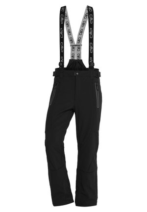 Pantaloni da sci neri con bretelle regolabili, tasche con zip e design aderente. Realizzati in materiale durevole e elasticizzato con una texture liscia.