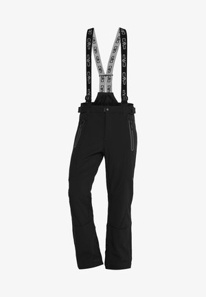 Pantaloni da sci neri con bretelle regolabili, tasche con zip e design aderente. Realizzati in materiale durevole e elasticizzato con una texture liscia.