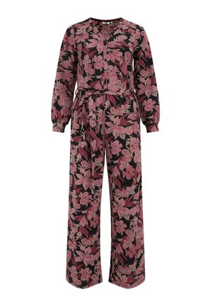 Jumpsuit floral con mangas largas, escote en V, cintura ceñida con cinturón y piernas anchas. La tela tiene una base negra con patrones florales en rosa.