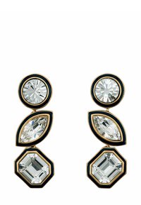 Náušnice ve zlatém tónu s třemi geometrickými krystaly: kulatým, marquise a hexagonálním. Černé emailové akcenty obklopují kameny.