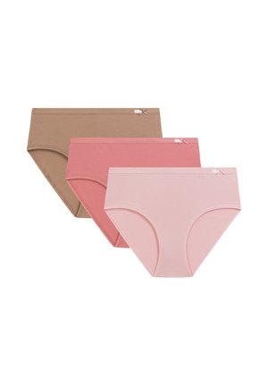 Trzy damskie bawełniane majtki w beżu, pylistym różu i jasnym różu, każda z małą ozdobną kokardką i metką na pasku.