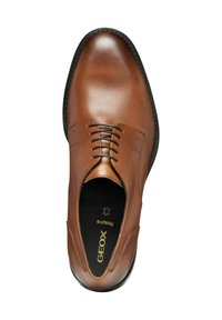 Scarpa da cerimonia in pelle marrone con finitura liscia, punta arrotondata, lacci e suola nera. Presenta una soletta con marchio "GEOX" in oro.