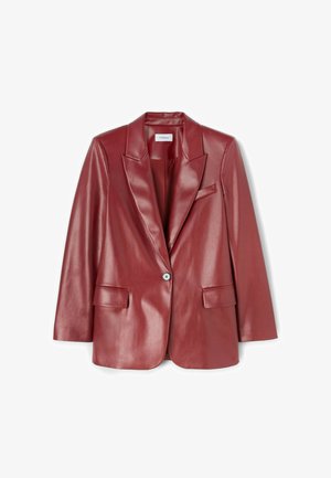 Rotes Lederblazer mit glänzender Oberfläche, Reverskragen, einer Knopfverschluss und zwei Fronttaschen. Glatte Textur und maßgeschneiderte Passform.