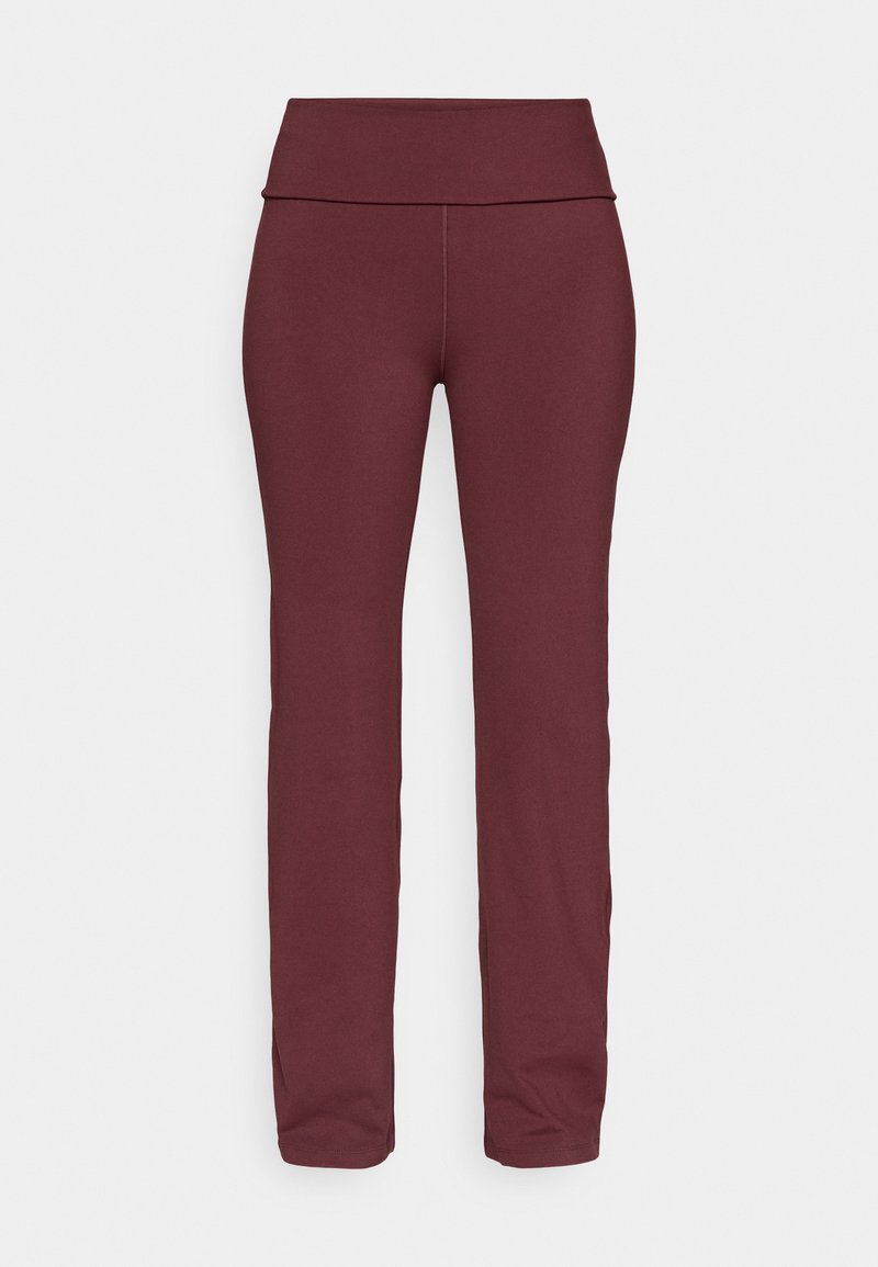 Leggings bordeaux avec une large taille repliée, des jambes fuselées et un tissu lisse et extensible adapté à l'activewear.
