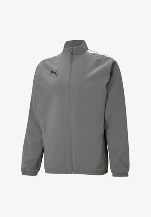 Gray windbreaker jacket with a stand-up collar, elastic cuffs, and hem, featuring a black logo on the left chest. Smooth, lightweight fabric.