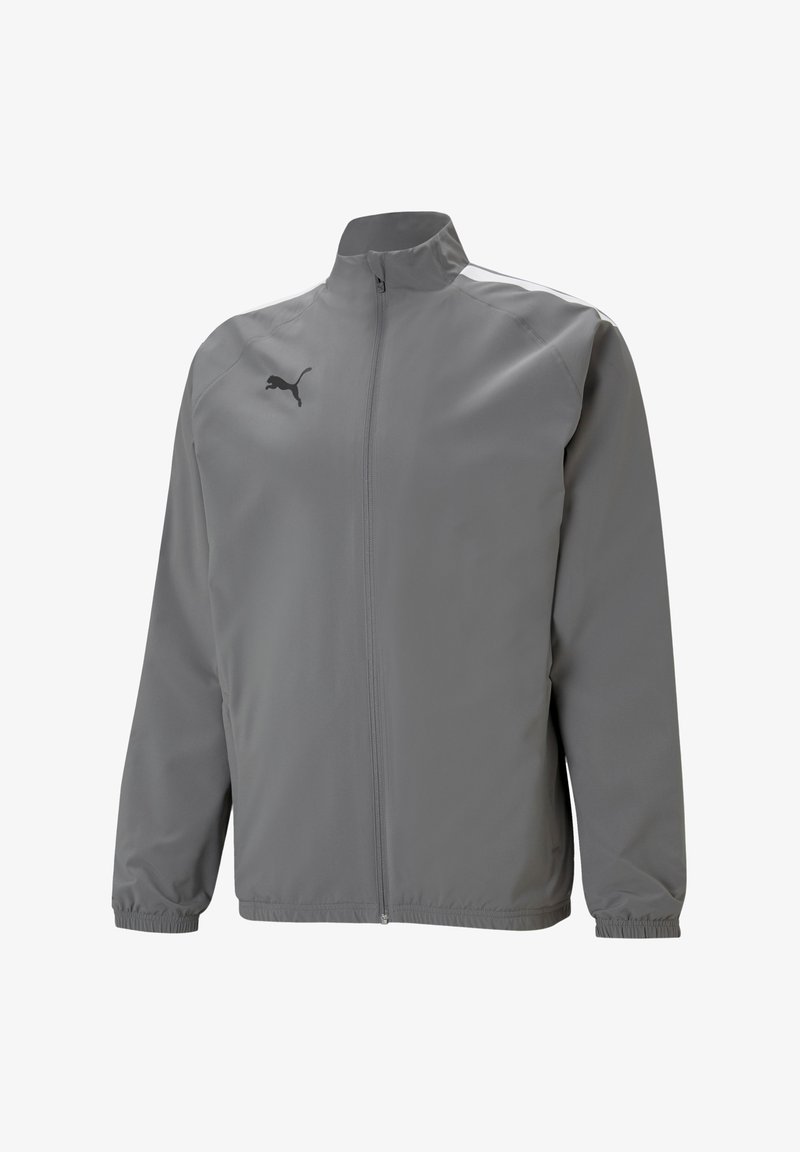 Graue Windbreaker-Jacke mit Stehkragen, elastischen Bündchen und Saum, mit einem schwarzen Logo auf der linken Brust. Glattes, leichtes Material.