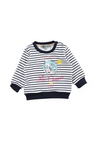 Chemise blanche à manches longues pour bébé avec des rayures bleu marine, des poignets bleu marine et une illustration de petite fille en dessin animé accompagnée du texte « Profite du soleil » et « Lee Cooper 1908 ».