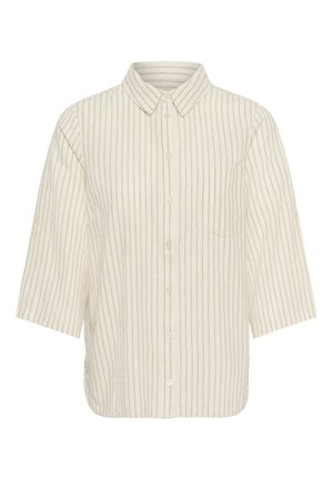 Cămașă bej cu nasturi, dungi verticale subțiri maro, mâneci trei sferturi, guler și buzunar la piept pe partea stângă.