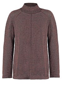 Long-sleeve brown knitted sweater with a high collar and central seam detailing.