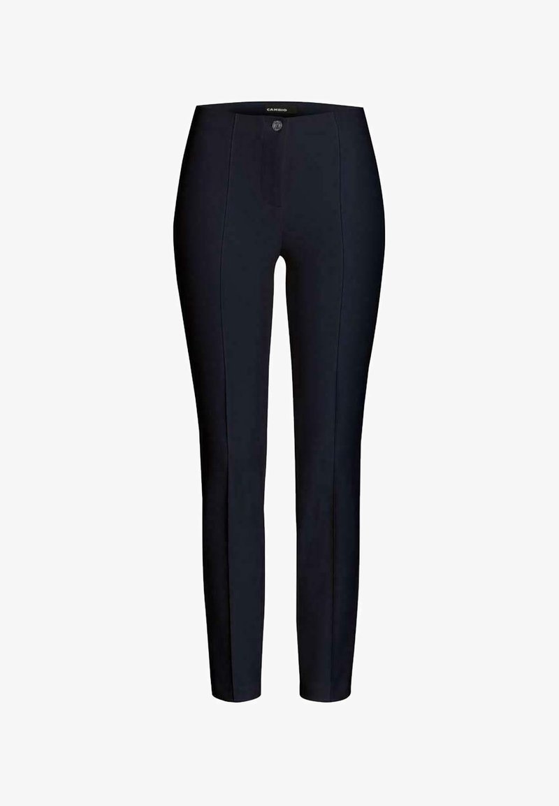 Tmavě modré kalhoty úzkého střihu z elastické tkaniny, s knoflíkovým zapínáním a hladkou texturou. Minimalistický design bez viditelných vzorů.