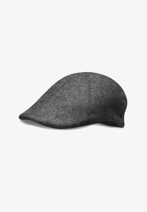 Gray textured flat cap with a curved peak, structured panels, and a smooth, rounded crown, displayed on a white background.