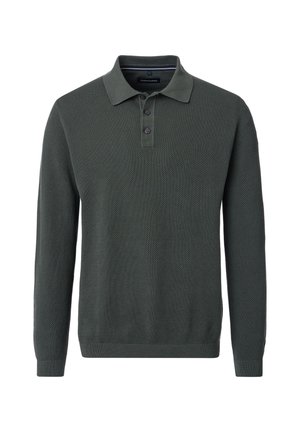 Dunkelgrüner Strickpullover mit Poloshirt-Kragen, drei Knöpfe und gerippten Bündchen. Strukturierter Stoff mit einem subtilen Muster. Lässiges Design.