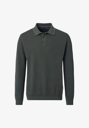 Dunkelgrüner Strickpullover mit Poloshirt-Kragen, drei Knöpfe und gerippten Bündchen. Strukturierter Stoff mit einem subtilen Muster. Lässiges Design.