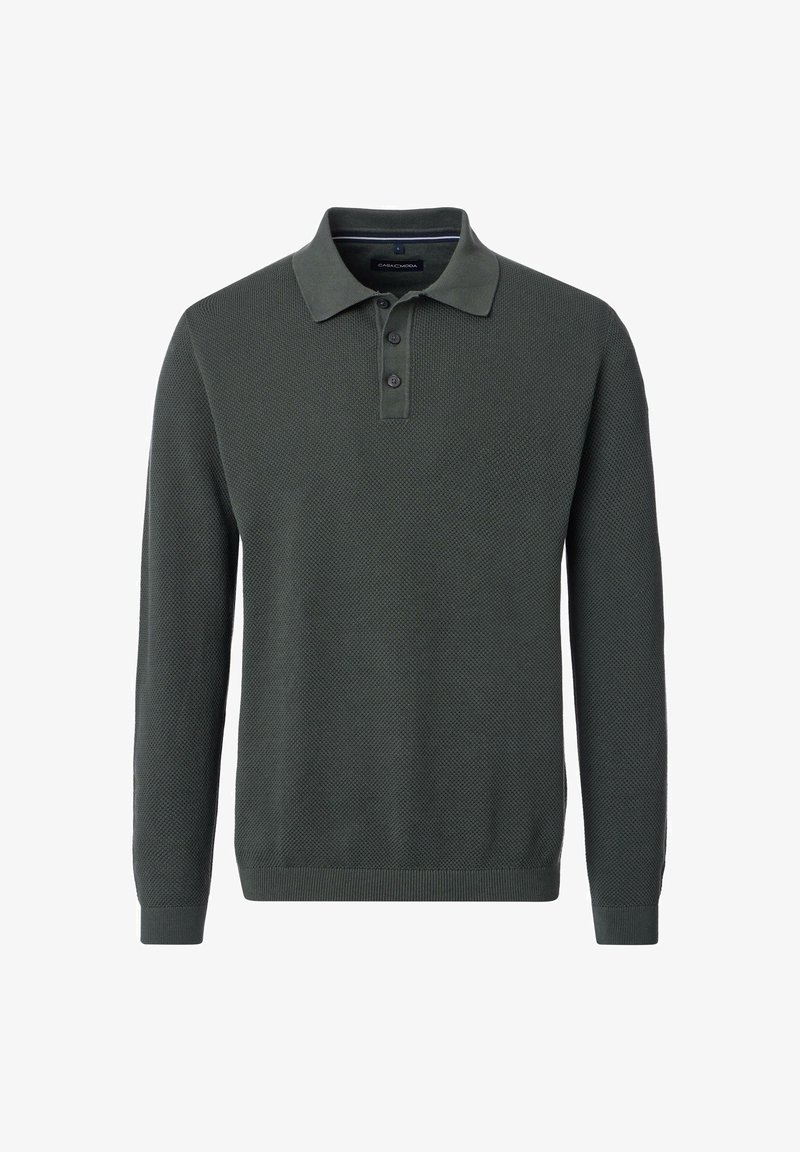Dark green knit pullover with a polo collar, three button placket, and ribbed cuffs. Textured fabric with a subtle pattern. Casual design.