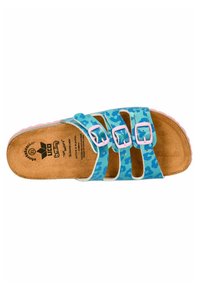 Blaue Sandale mit Leopardenmuster und drei verstellbaren Riemen, weißen Akzenten und einer Korksohle. Verfügt über eine rosa Laufsohle und metallische Schnallen.
