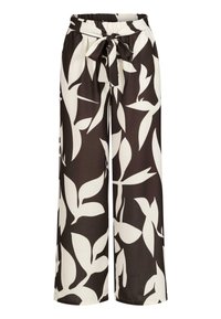 Pantalons larges noirs et blancs avec un motif floral, taille élastique et détail de lien en tissu. Texture légère et douce.