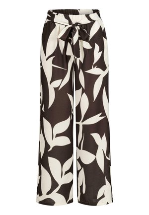Pantalons larges noirs et blancs avec un motif floral, taille élastique et détail de lien en tissu. Texture légère et douce.