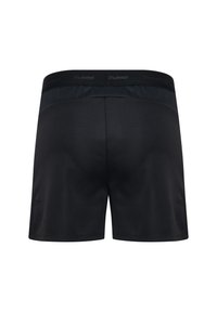 Zwarte sport shorts met een gladde textuur, voorzien van een brede elastische tailleband en een subtiele merklogo aan de bovenkant.