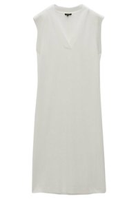 Weißes, ärmelloses Kleid mit V-Ausschnitt, aus leichtem Stoff gefertigt. Schlichtes Design, knielang, glatte Textur ohne sichtbare Muster oder Akzente.