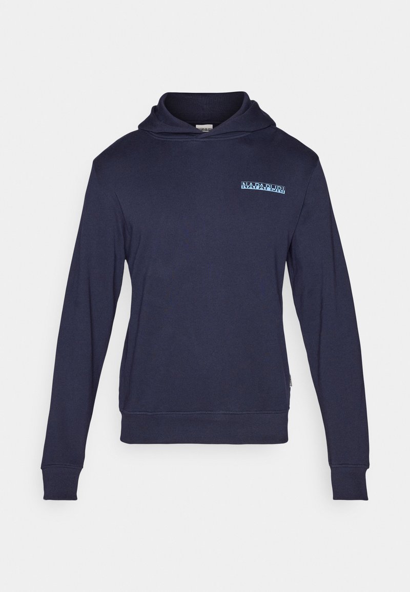 Felpa blu navy con tasca frontale, maniche lunghe e un piccolo logo azzurro sul petto. Realizzata in tessuto morbido e liscio.