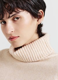 Beige gestrickter Rollkragenpullover mit geripptem Kragen. Weicher Stoff, taillierte Passform und halbseitige Ansicht, die die Gesichtszüge zeigt.