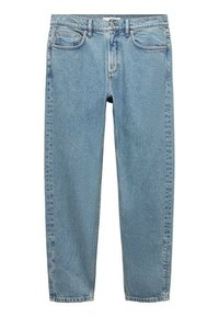 Jeans in denim azzurro chiaro con vestibilità dritta, cinque tasche e dettagli di cucitura discreti lungo le cuciture e le tasche.