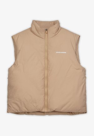 Harma sleeveless vest with high collar, zip closure, and soft texture. Features a small "PEGADOR" logo on the front. Lightweight and padded.