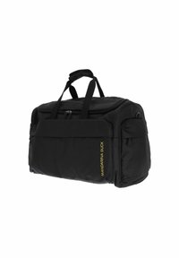Sac de voyage noir avec un revêtement texturé, deux anses, poche frontale zippée et logo "MANDARINA DUCK" en relief de couleur jaune.
