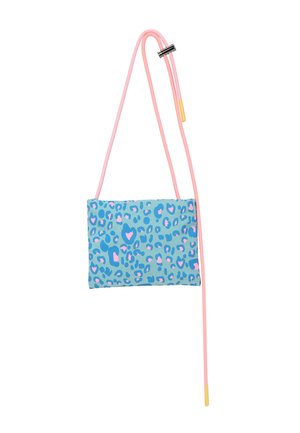 Blue crossbody bag with pink and blue leopard print and long pink strap featuring a black clip and yellow tips.